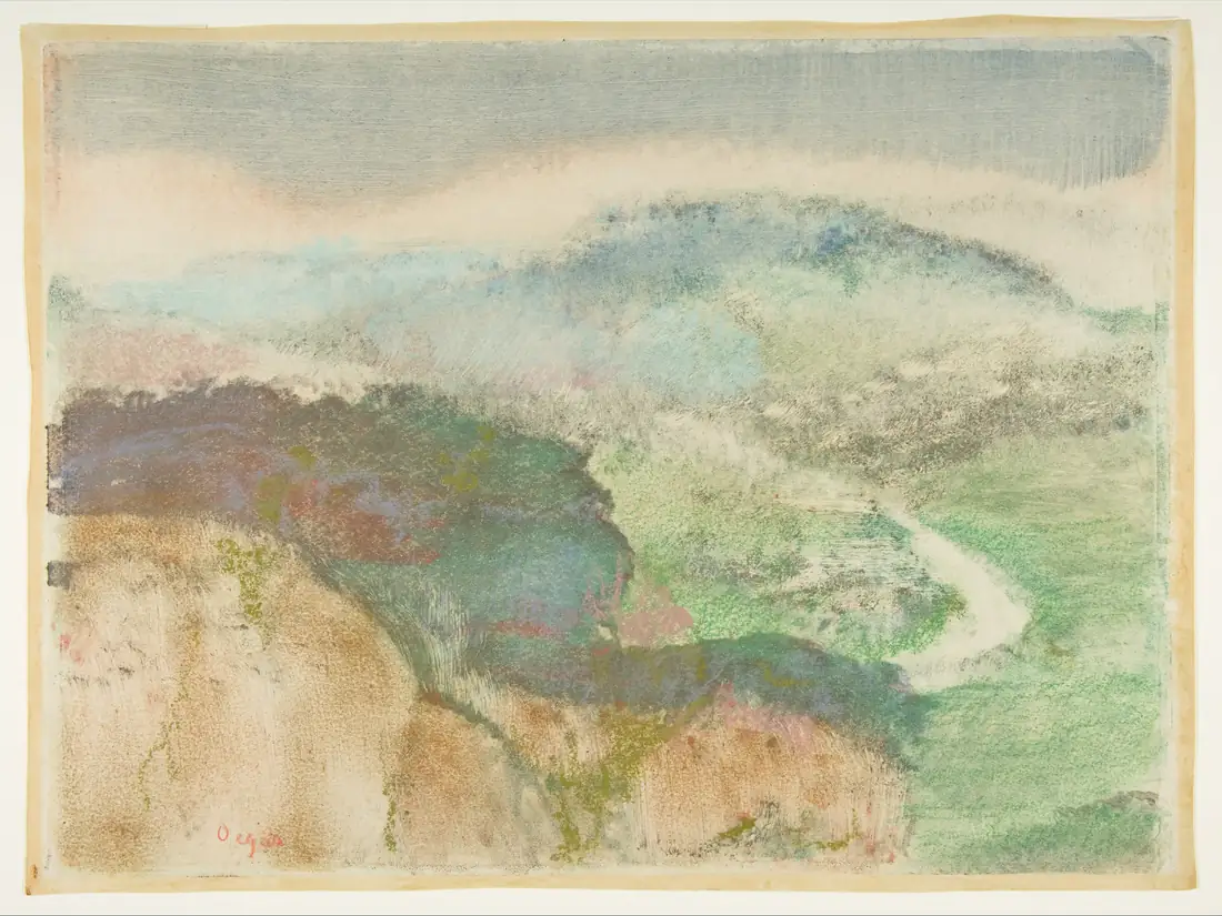 Photographie d’un paysage d’Edgar Degas, monotype rehaussé de pastel, 1892 : une œuvre dont l’annonce doit montrer la matière autant que le sujet.