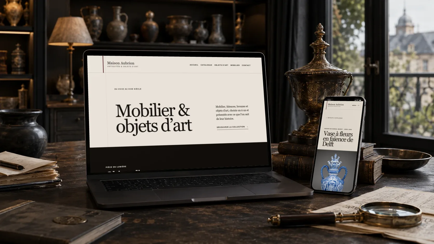 Un site d’antiquaire ouvert sur un ordinateur portable et un téléphone, posés sur un bureau devant une fenêtre sur Paris : l’accueil « Mobilier & objets d’art » et la page d’un vase en faïence de Delft.