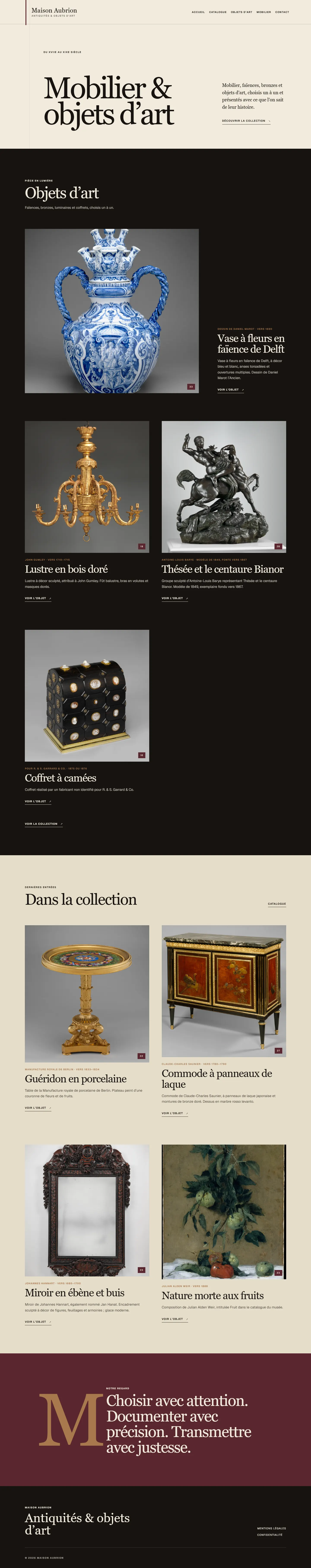 Exemple de site pour une maison fictive, Maison Aubrion, sur ordinateur : l’accueil « Mobilier & objets d’art », la pièce mise en lumière, un vase en faïence de Delft, puis les autres objets de la collection.