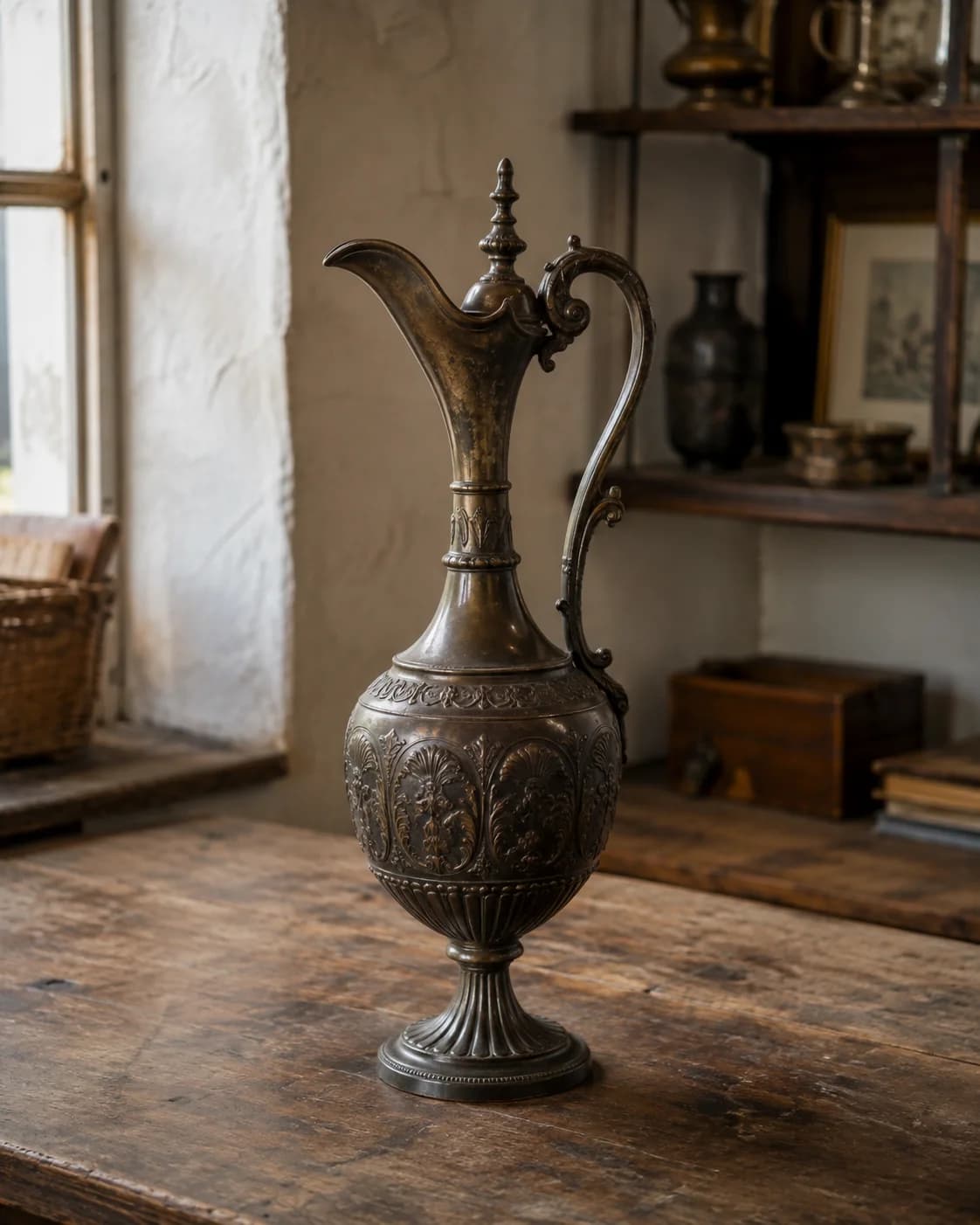 Aiguière en bronze photographiée sur un établi, dans l’atelier.