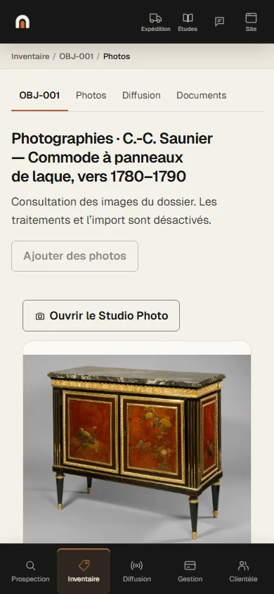 Écran de l’application Antikium sur téléphone : la même galerie, le bouton du Studio Photo au-dessus de la vue préparée.