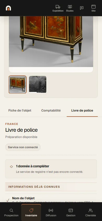 Écran de l’application Antikium sur téléphone : le même onglet Livre de police, sous la photographie de l’objet.