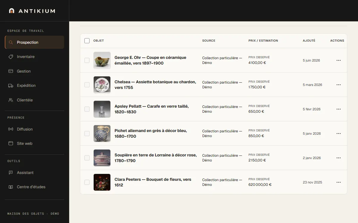 Vue de la liste de sourcing Antikium, avec les objets repérés et leur suivi.