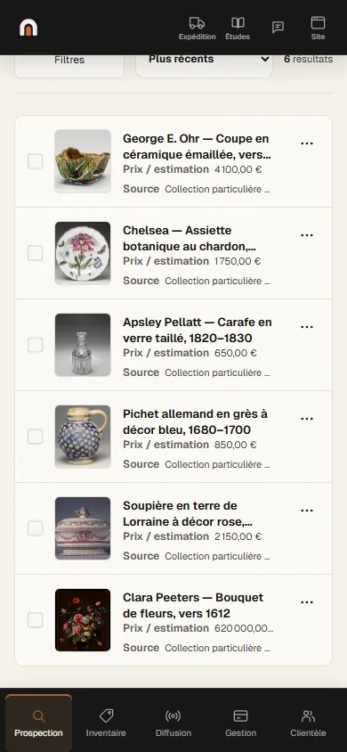 Écran de l’application Antikium sur téléphone : les mêmes objets repérés, un par ligne, sous le nombre de résultats.